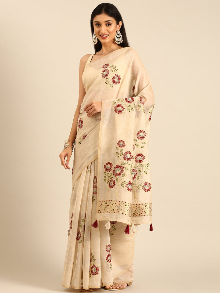 Cream Chanderi Silk With French Knot Contrast Thread Work And Sequence