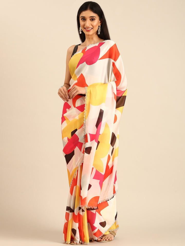 Printed satin saree with Swarovski border