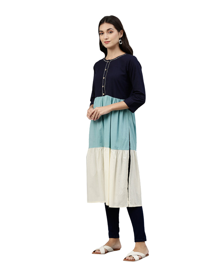 Neerus Blue rayon tiered kurti - back view
