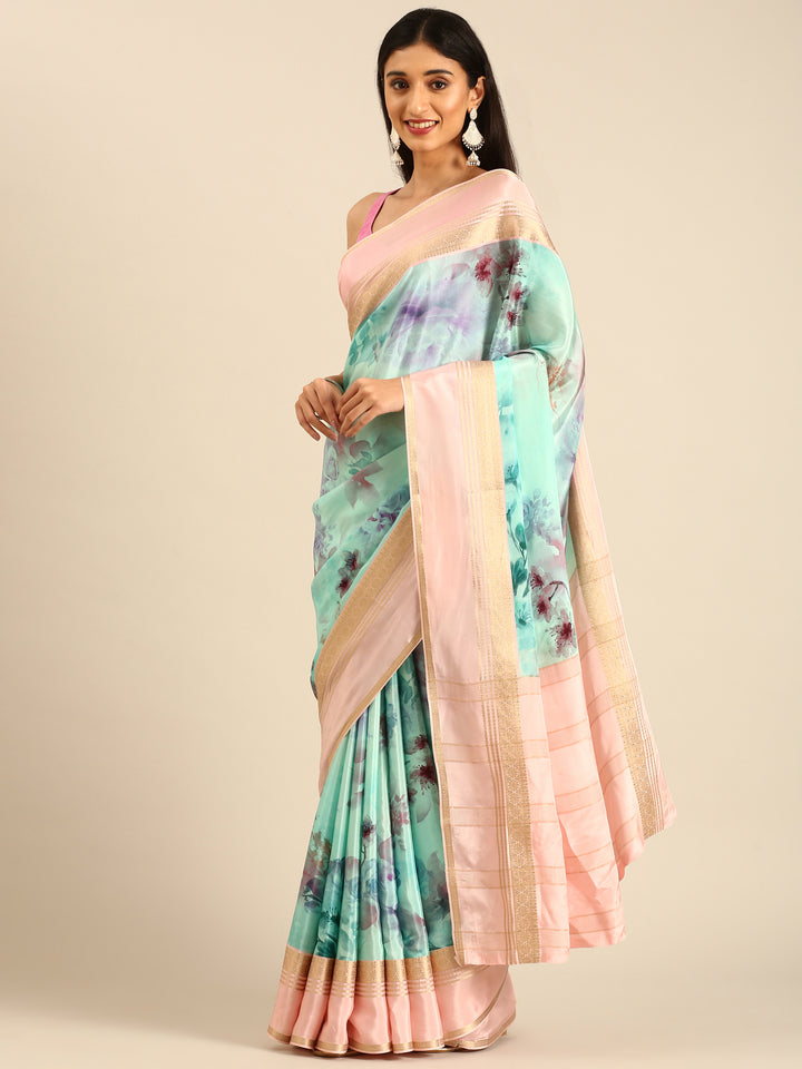 Blue Mysore crepe saree with Zari contrast border