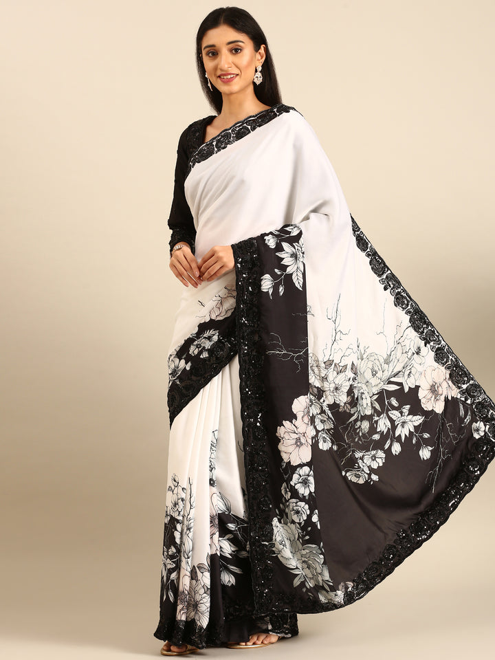 Black & White Satin Printed Saree With Hand Embroidery & Readymade Blouse