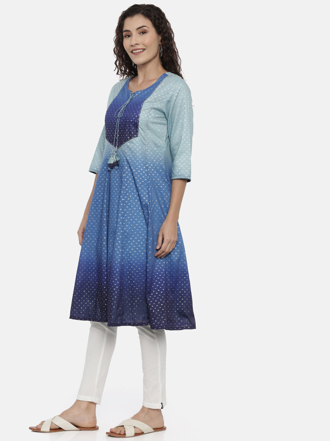 Neerus Blue Colourblocked Anarkali Kurta