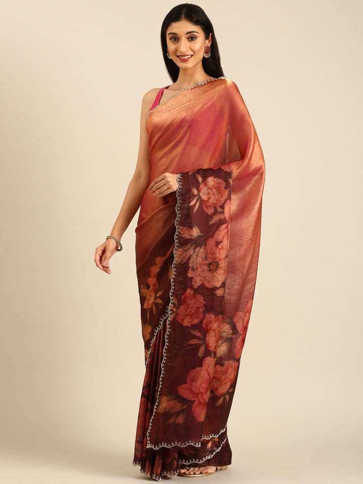 Gold & Maroon Floral Printed Jimmy Tissue Saree With Swarovski Embroidery