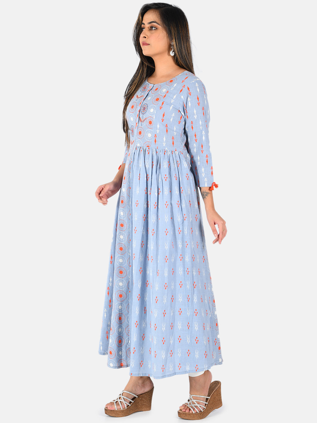 Neerus Blue cotton printed straight kurta - back view
