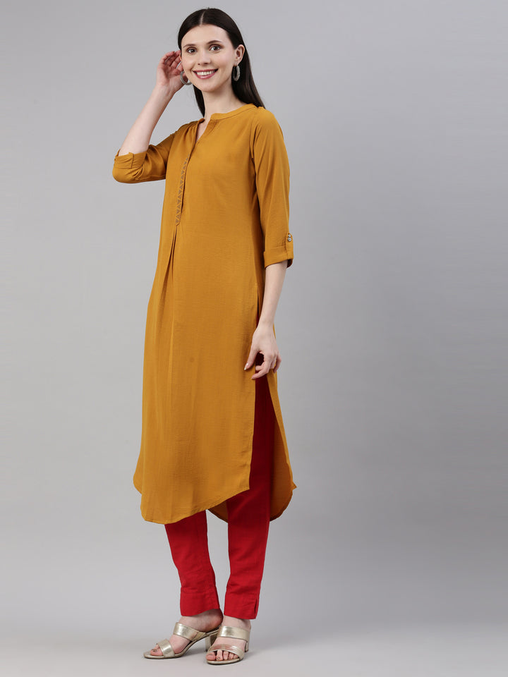Neerus Yellow rayon solid kurti - back view