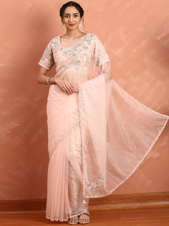 Peach Organza saree Resham & cut Dana heavy embroidery with ready made blouse