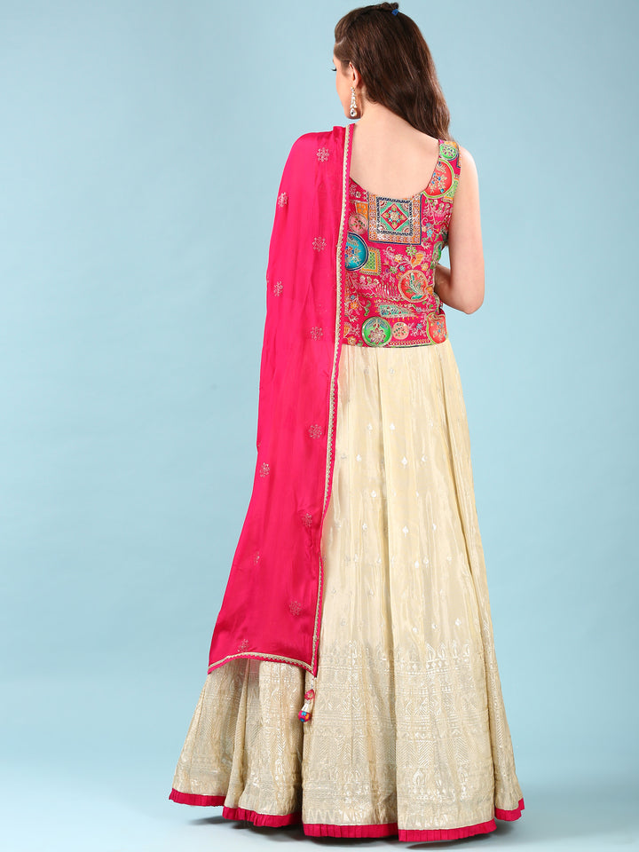 Pink Tissue Hand Embroidery Ghagra Set