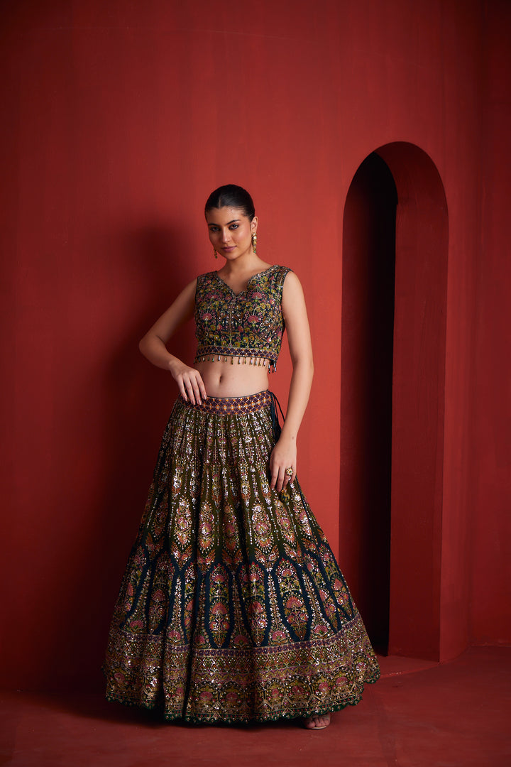 Neerus Bottle Green Silk Fabric Ghagra Set