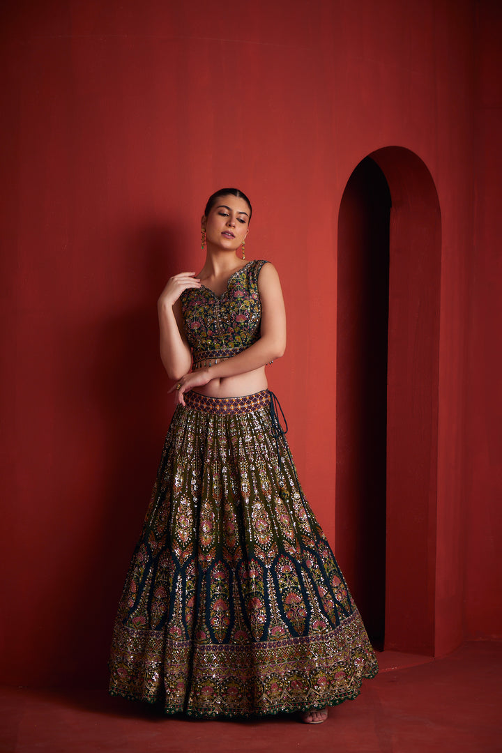 Neerus Bottle Green Silk Fabric Ghagra Set