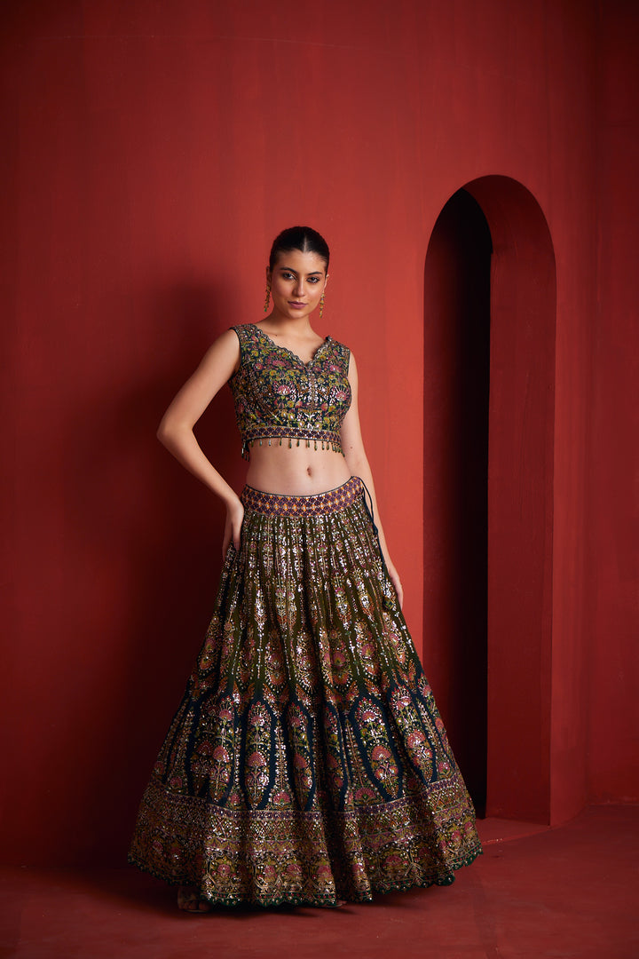 Neerus Women Green Color Silk Fabric Ghagra Set