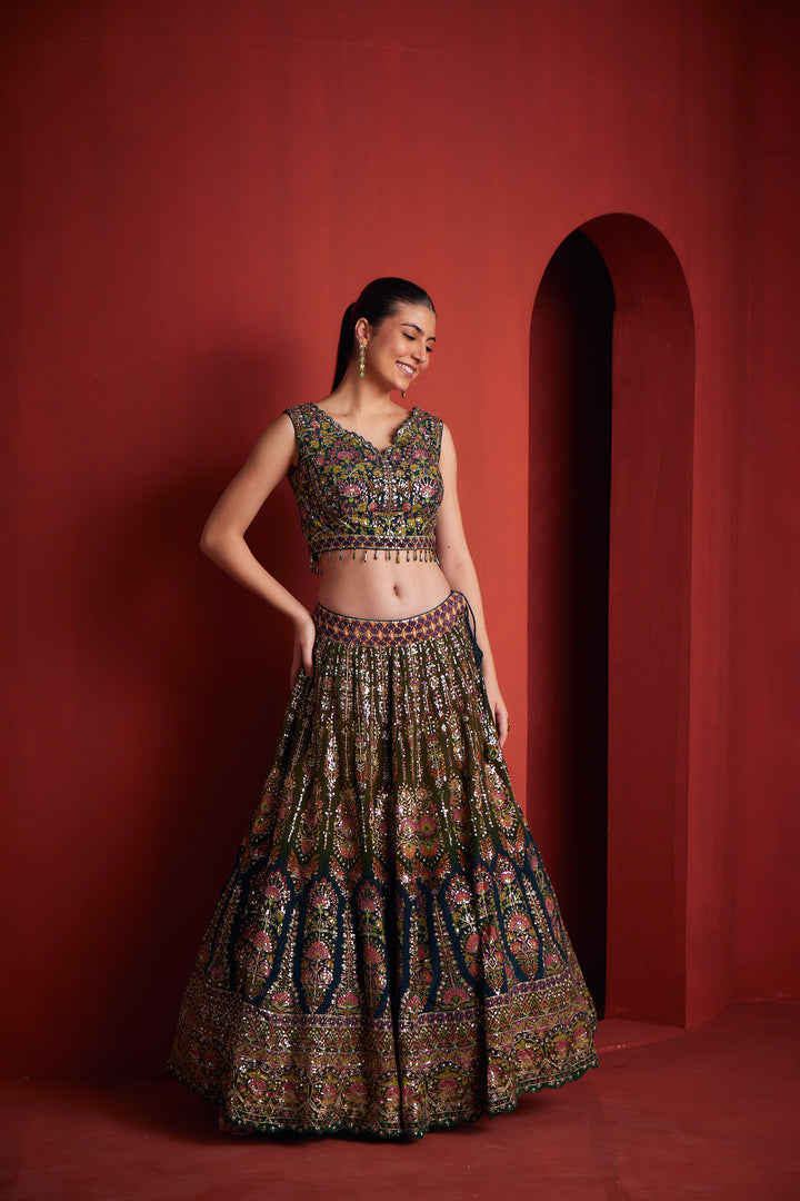 Neerus Women Green Color Silk Fabric Ghagra Set