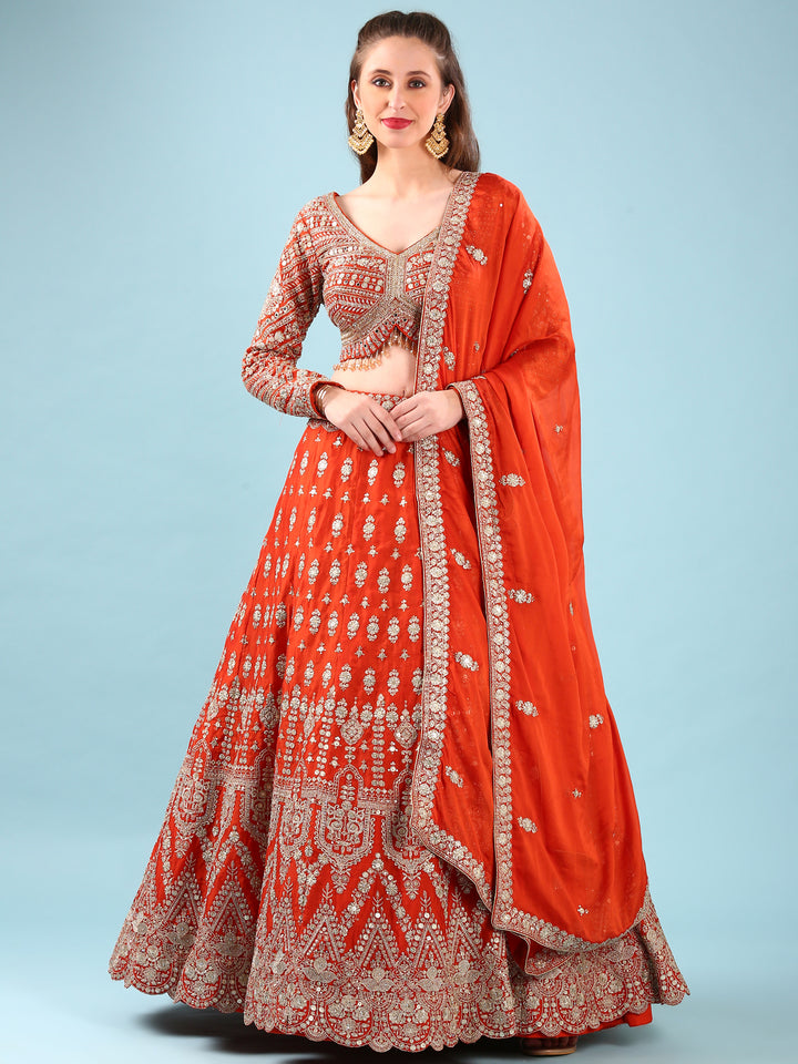 Rust Georgette Hand Embroidery Ghagra Set