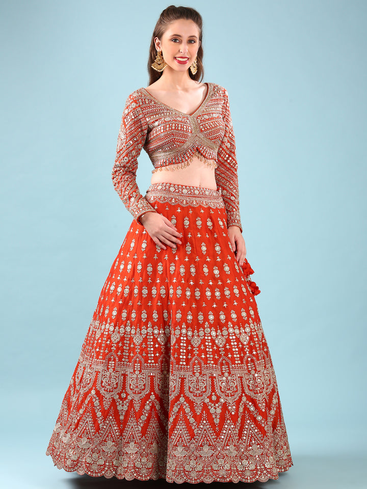 Rust Georgette Hand Embroidery Ghagra Set