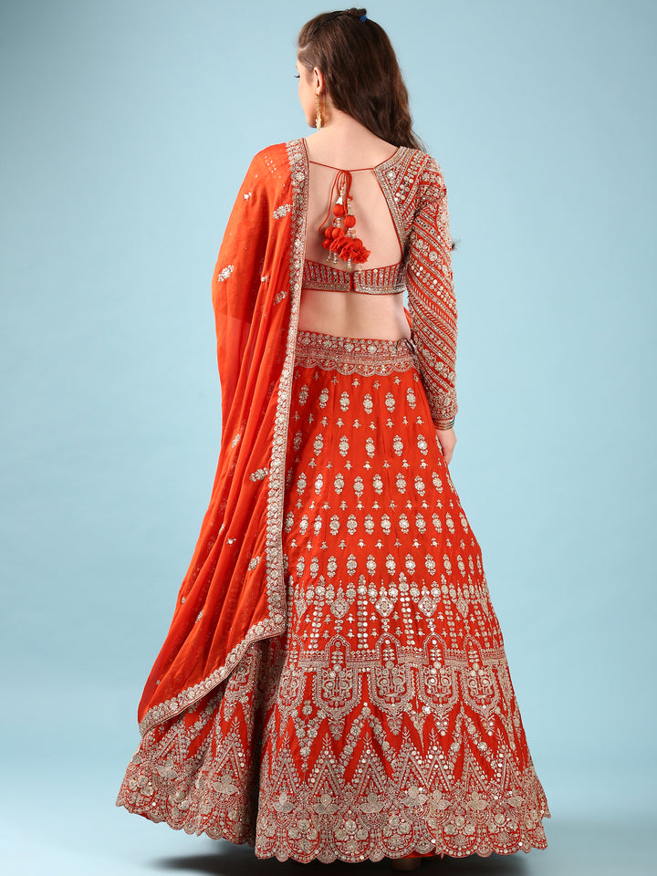 Rust Georgette Hand Embroidery Ghagra Set