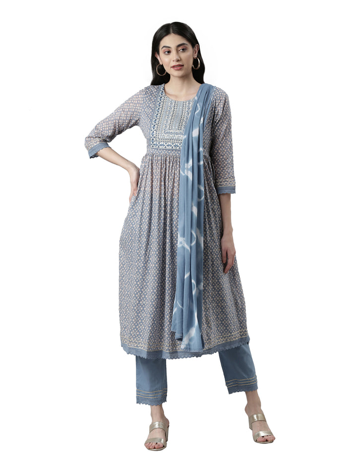 Neerus Multi printed mirror work pleated suit set - front view
