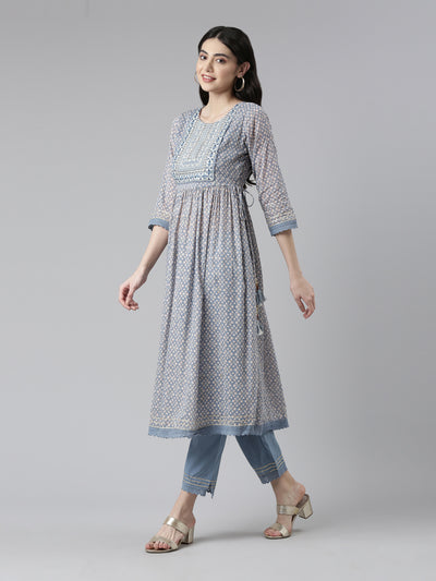 Neerus Women Ethnic Motifs Printed Pleated Mirror Work Kurta with Trousers & Dupatta