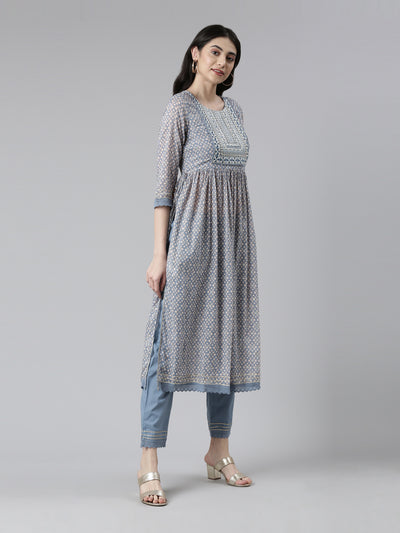 Neerus Women Ethnic Motifs Printed Pleated Mirror Work Kurta with Trousers & Dupatta