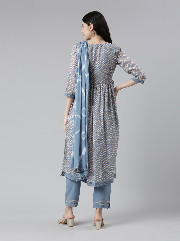 Neerus Multi printed mirror work pleated suit set - detail view 2
