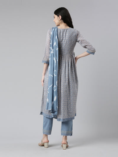Neerus Women Ethnic Motifs Printed Pleated Mirror Work Kurta with Trousers & Dupatta