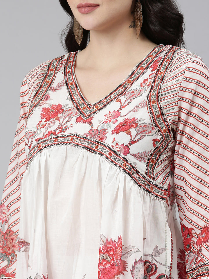 Neerus White Muslin Printed Anarkali Kurta Set - detail view 1
