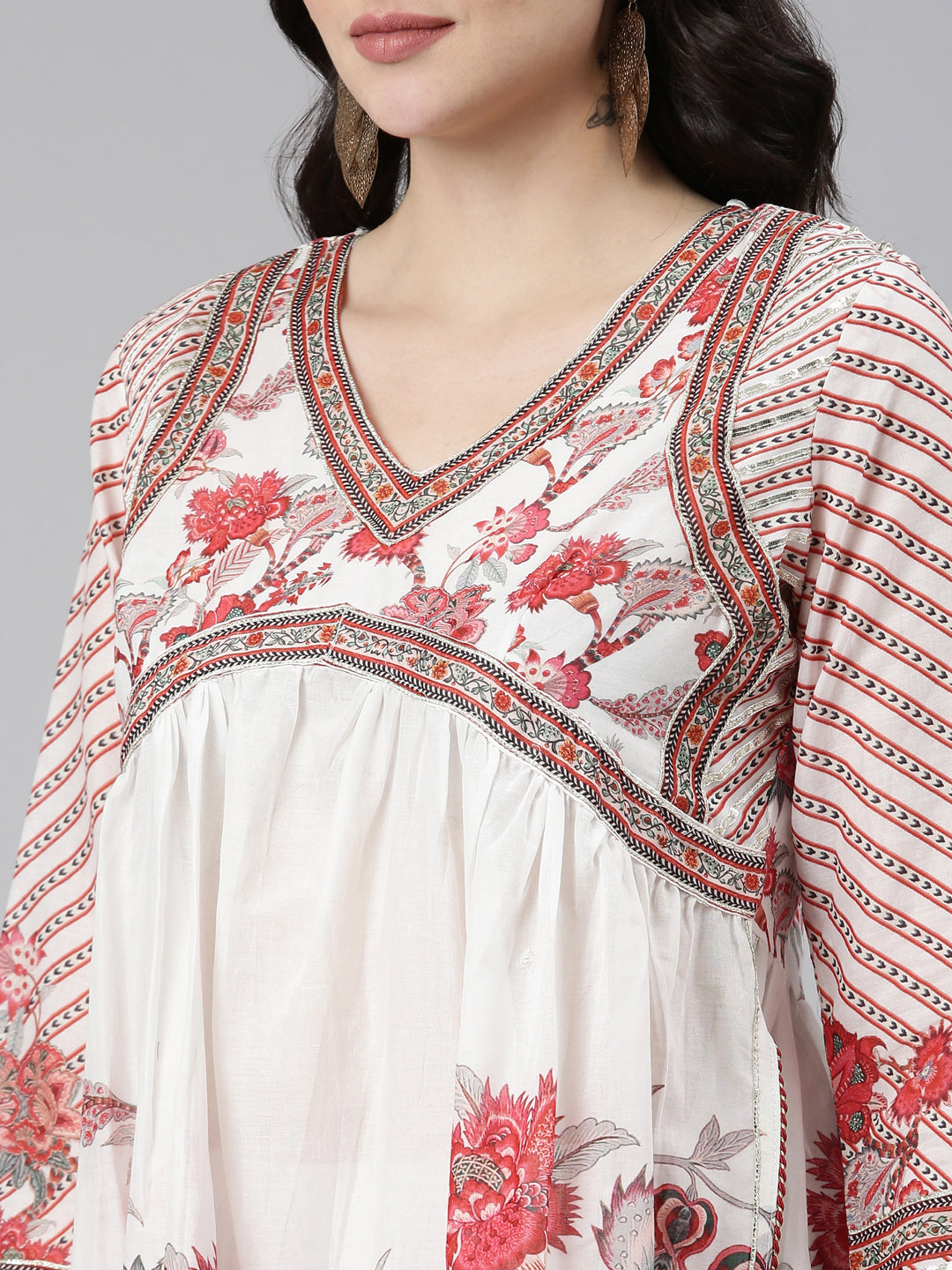 Neerus Off White Pleated Anarkali Printed Kurta And Sharara With Dupatta