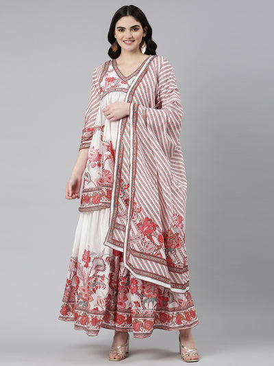 Neerus Off White Pleated Anarkali Printed Kurta And Sharara With Dupatta