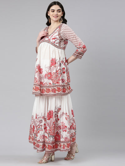 Neerus Off White Pleated Anarkali Printed Kurta And Sharara With Dupatta
