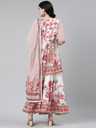 Neerus Off White Pleated Anarkali Printed Kurta And Sharara With Dupatta