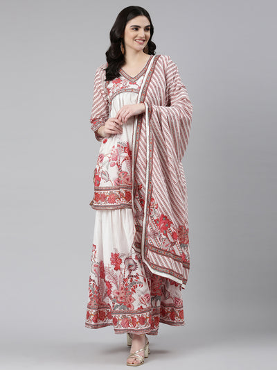 Neerus Off White Pleated Anarkali Printed Kurta And Sharara With Dupatta