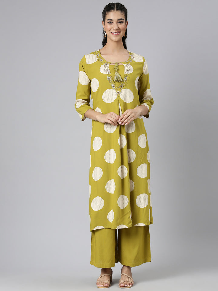 Neerus Green Casual Printed Straight Kurta and Palazzos