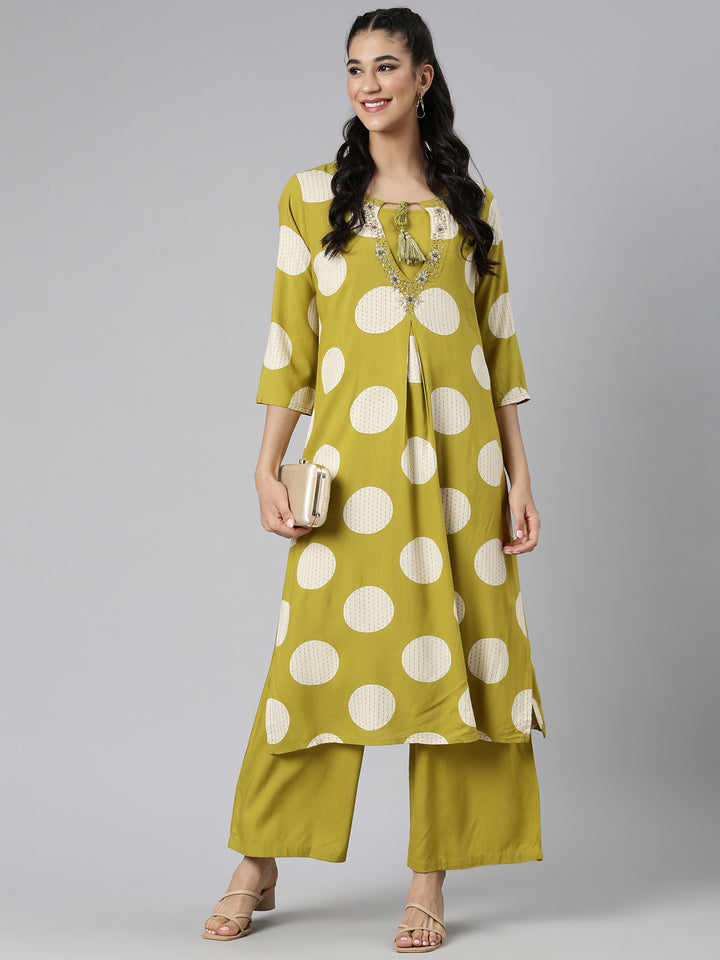 Neerus Green Casual Printed Straight Kurta and Palazzos