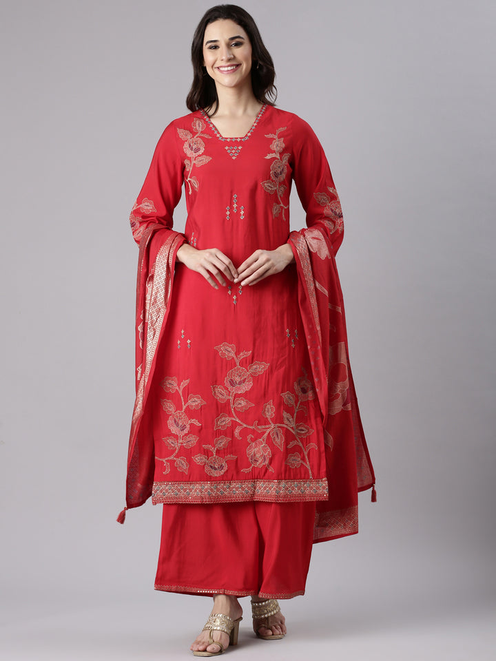 Red Dola Silk Embroidered Three Piece Set