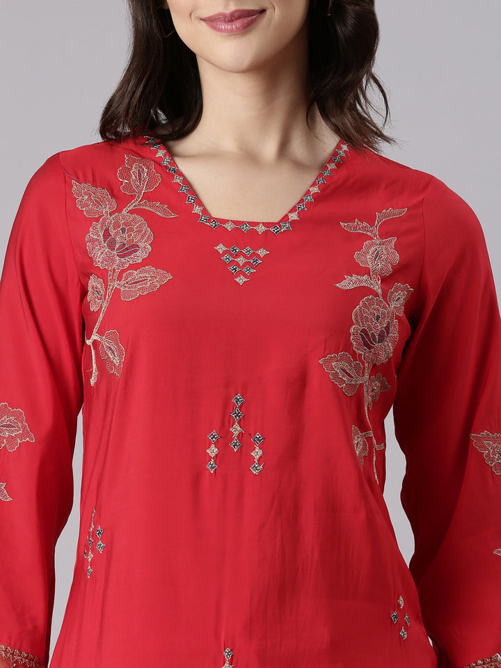 Red Dola Silk Embroidered Three Piece Set