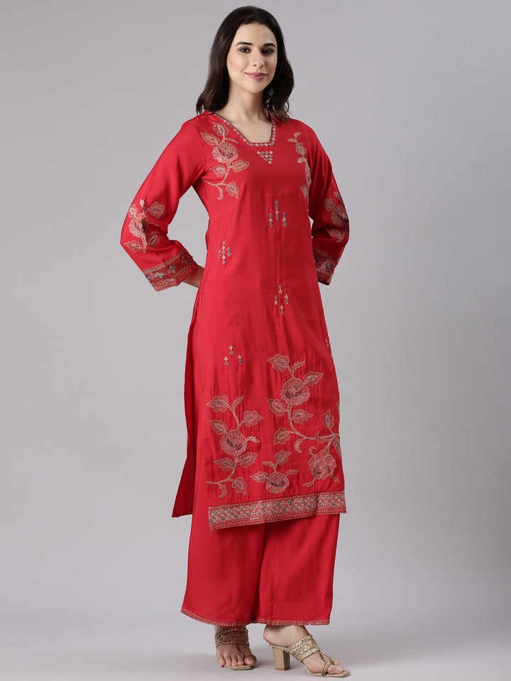 Red Dola Silk Embroidered Three Piece Set