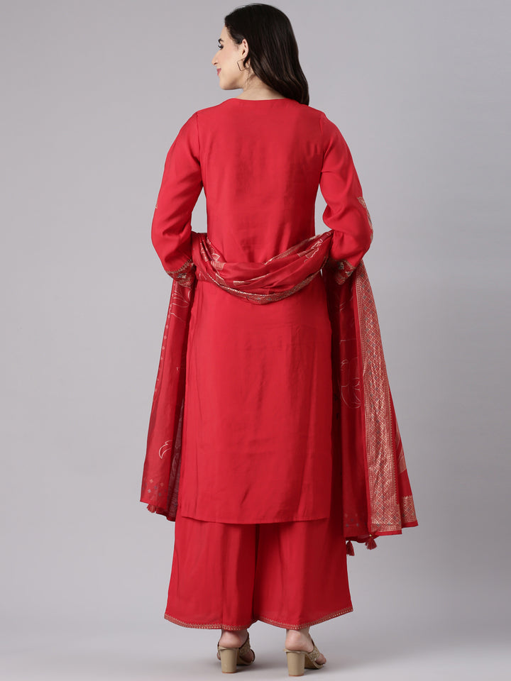Red Dola Silk Embroidered Three Piece Set