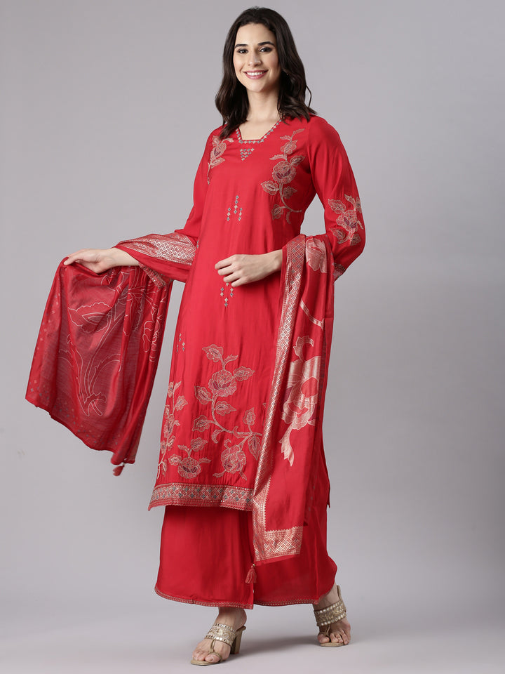 Red Dola Silk Embroidered Three Piece Set