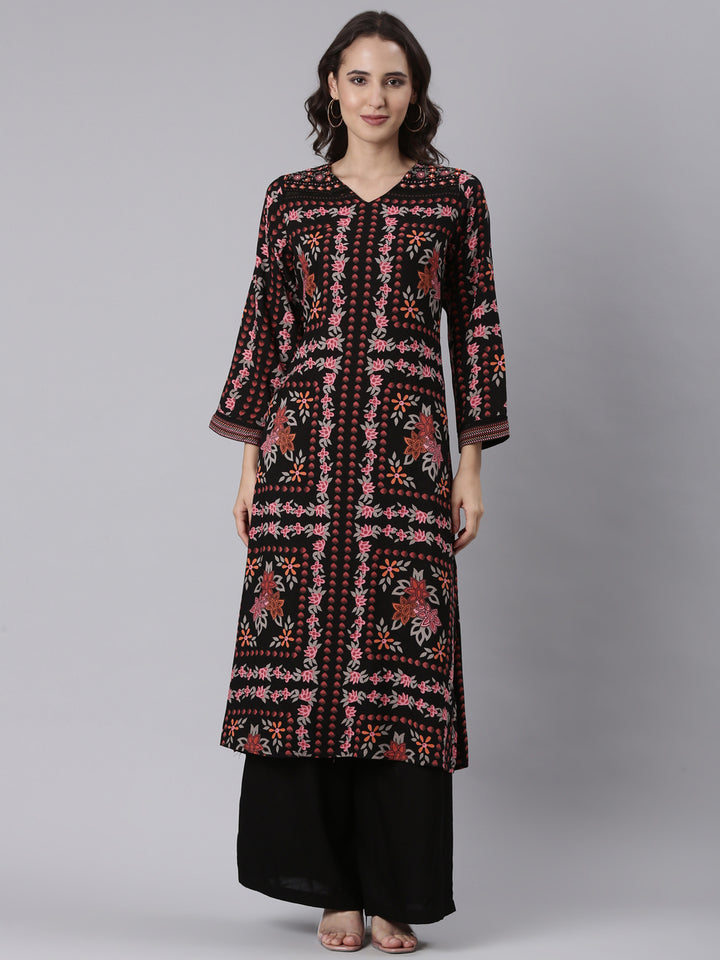 Black Rayon Printed With Palazzo Two Piece Set