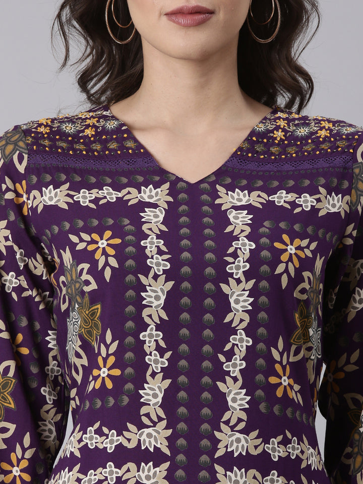 Purple Rayon Printed With Palazzo Two Piece Set