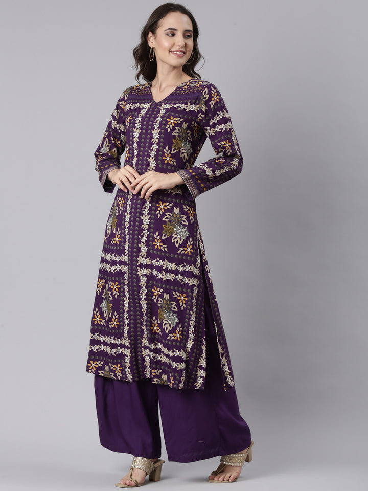 Purple Rayon Printed With Palazzo Two Piece Set