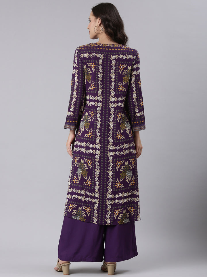 Purple Rayon Printed With Palazzo Two Piece Set