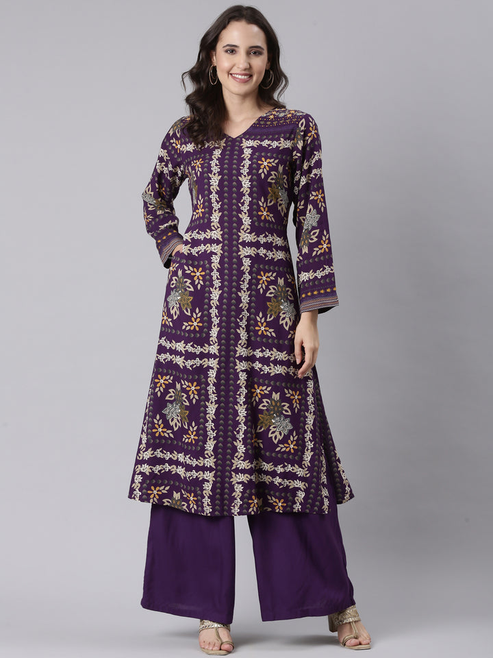 Purple Rayon Printed With Palazzo Two Piece Set
