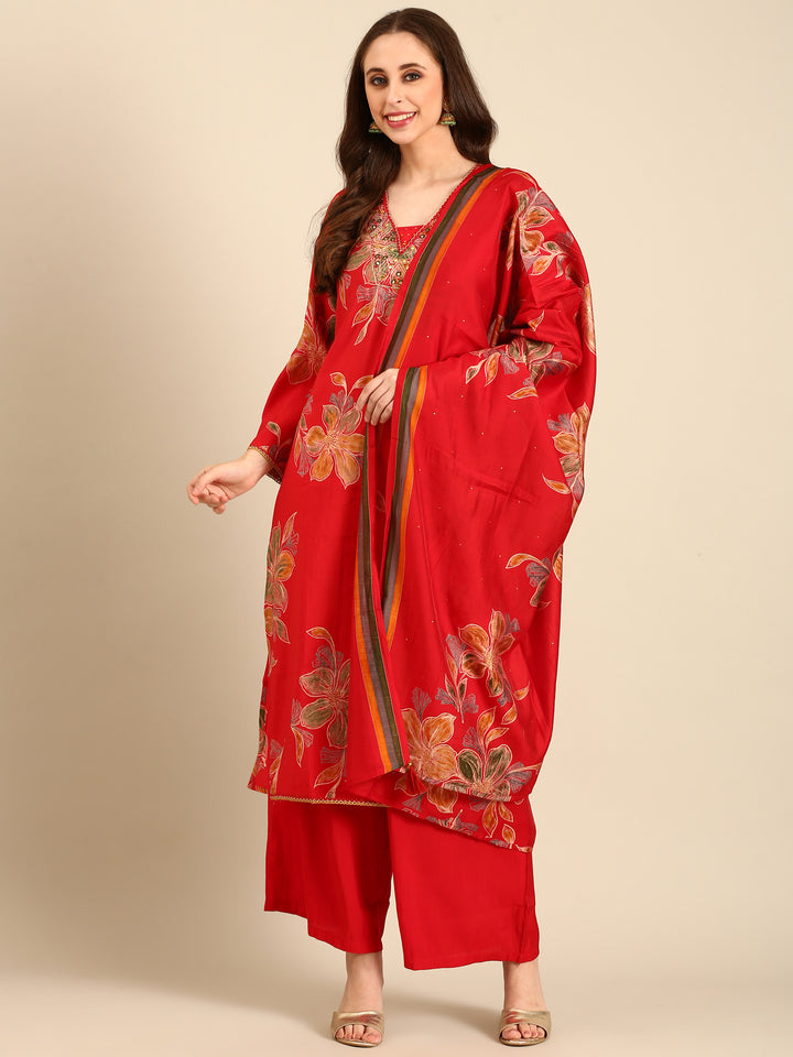 Red muslin three piece suit set