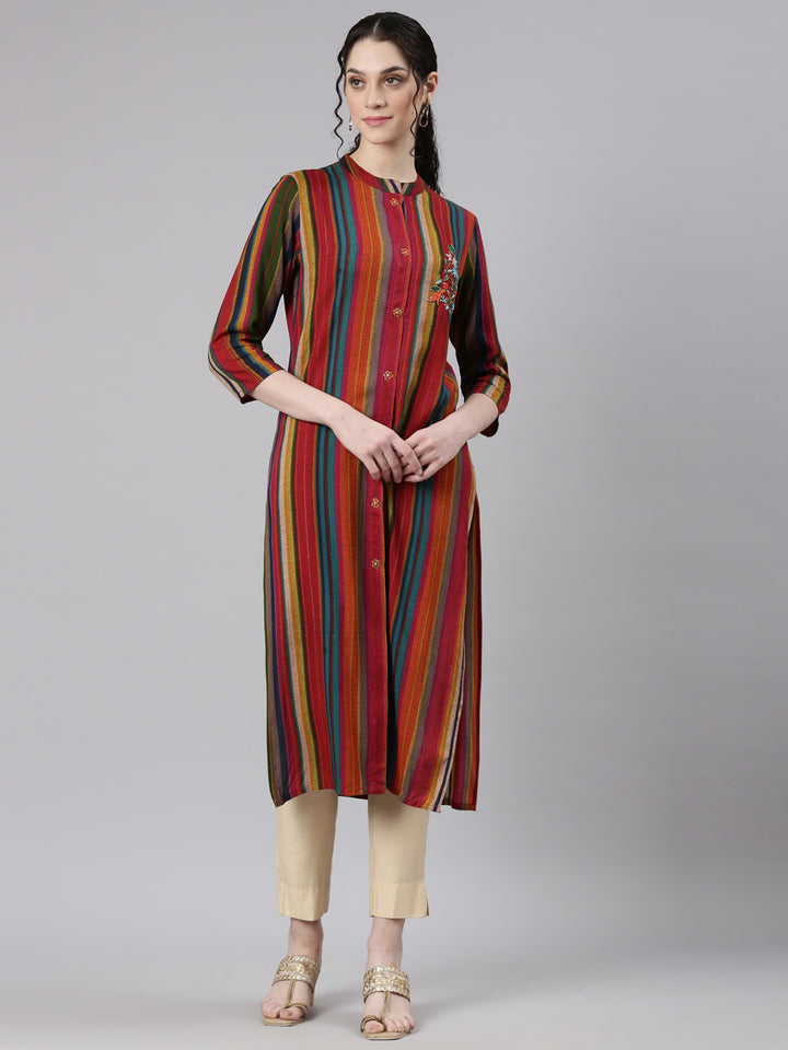 Neerus Multi striped printed straight kurti - front view