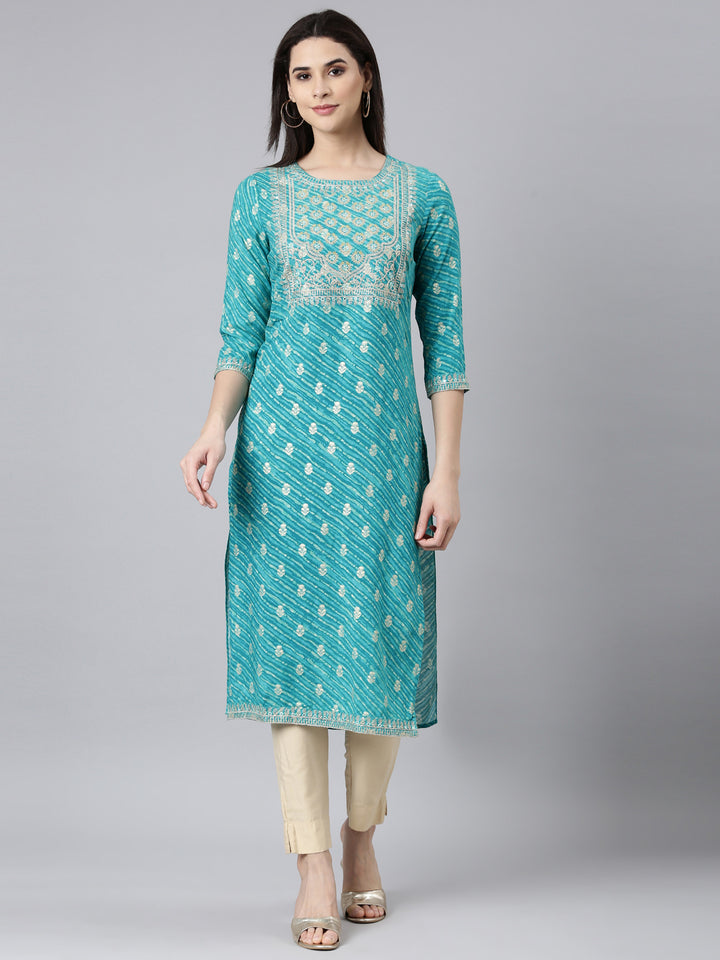 Neerus Turquoise Blue Regular Straight Striped Kurtas