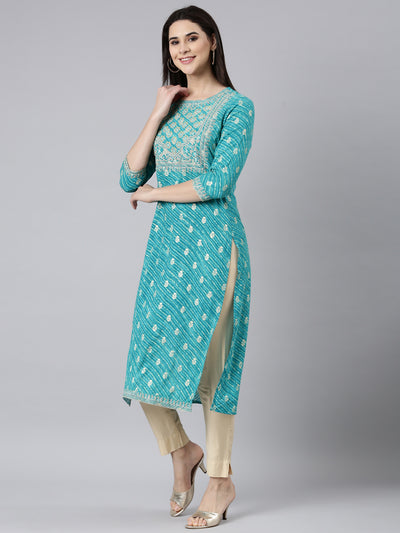 Neerus Turquoise Blue Regular Straight Striped Kurtas