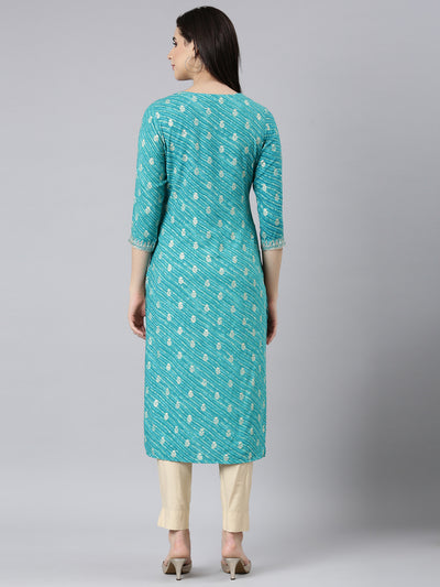 Neerus Turquoise Blue Regular Straight Striped Kurtas