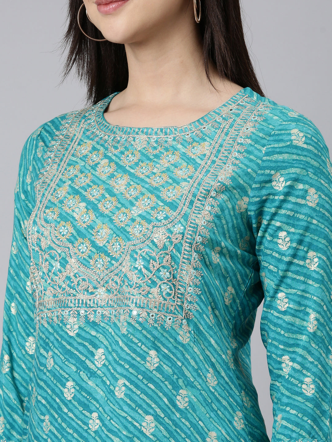 Neerus Turquoise Blue Regular Straight Striped Kurtas