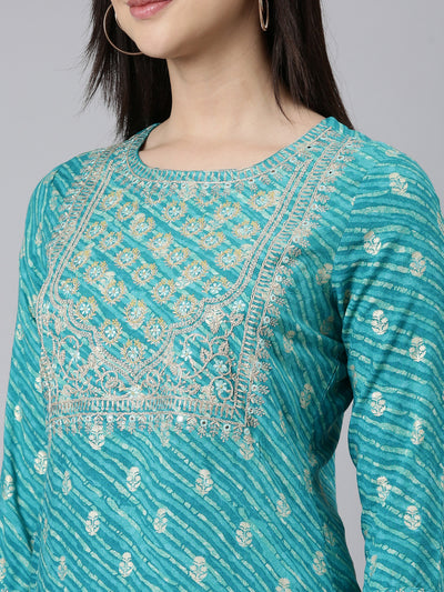 Neerus Turquoise Blue Regular Straight Striped Kurtas