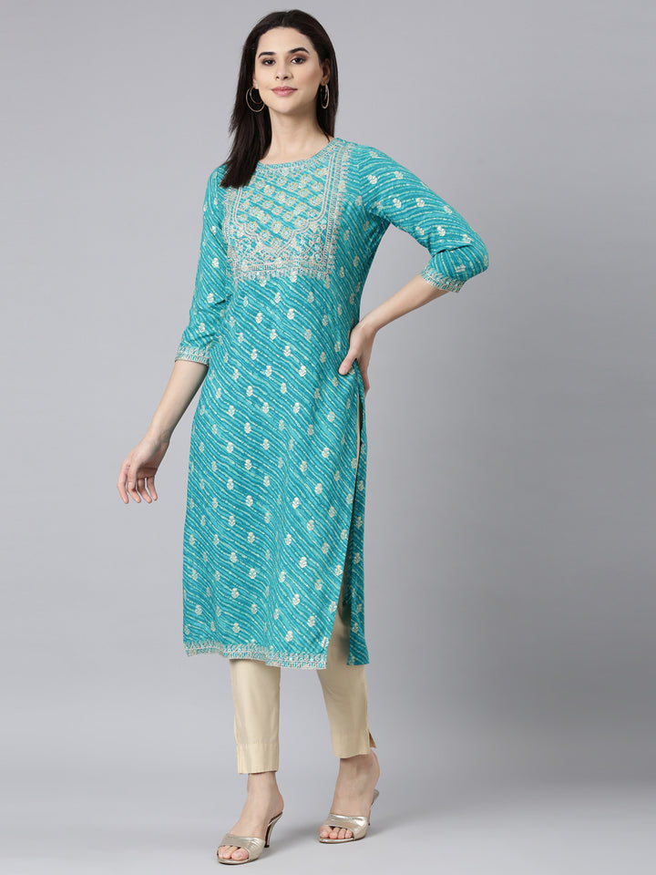 Neerus Turquoise Blue Regular Straight Striped Kurtas