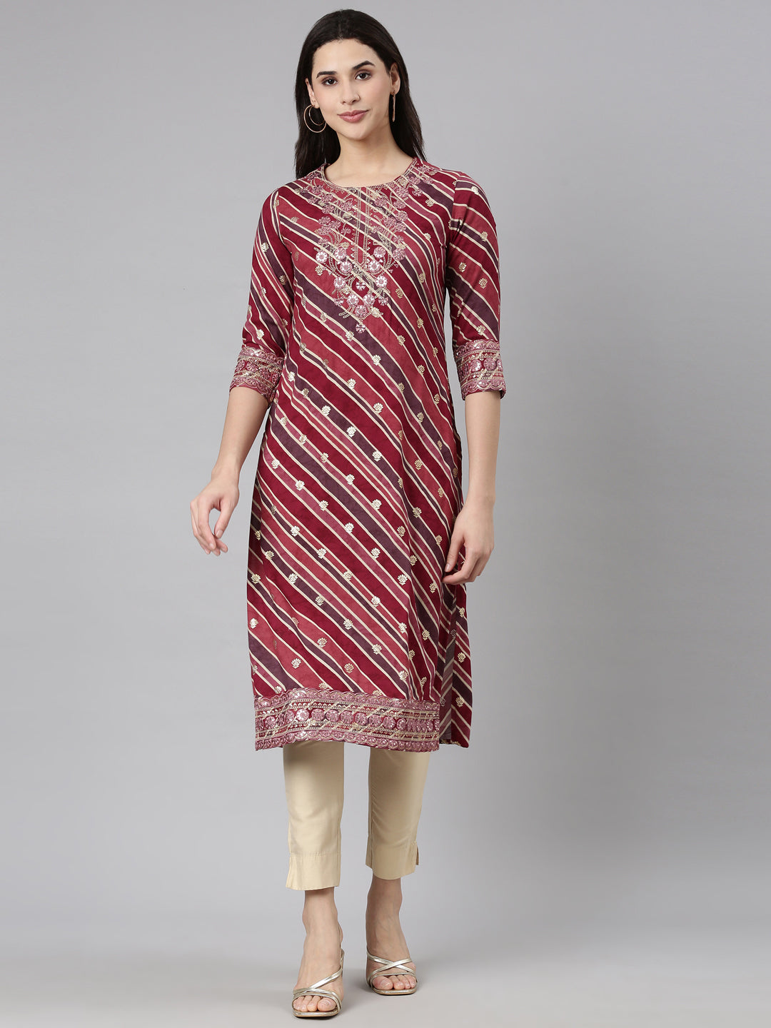 Neerus Purple striped printed straight kurti - front view